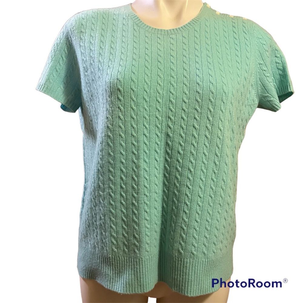 Geneva 100% cashmere  blue cableknit sweater button shoulder